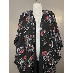 Woman Within Kimono Jacket Womens Large 18/20 Black Floral Duster Open Front